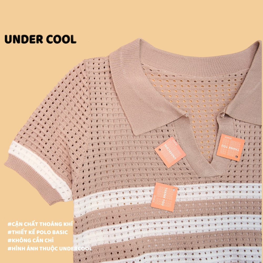 Áo Polo Cộc Tay UNDERCOOL Vải Len Lỗ Thoáng Mát Kẻ Ngang Màu Trắng Be ACT07
