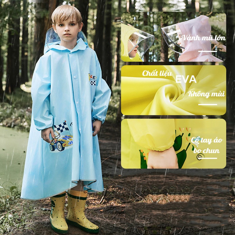 Áo Mưa EVA Cao Cấp Với Thiết Kế Khóa Kéo + Cúc Bấm + Dáng Xòe Phù Hợp Cho Bé Đeo Mọi Loại Balo