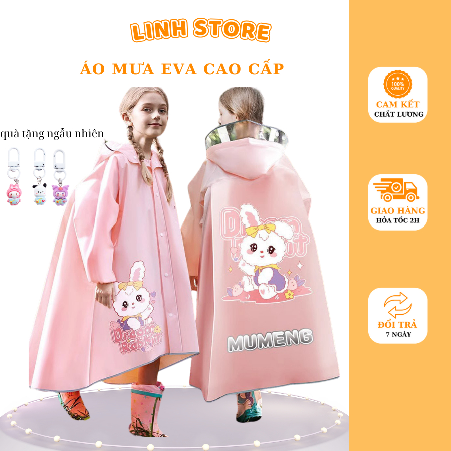 Áo Mưa EVA Cao Cấp Với Thiết Kế Khóa Kéo + Cúc Bấm + Dáng Xòe Phù Hợp Cho Bé Đeo Mọi Loại Balo