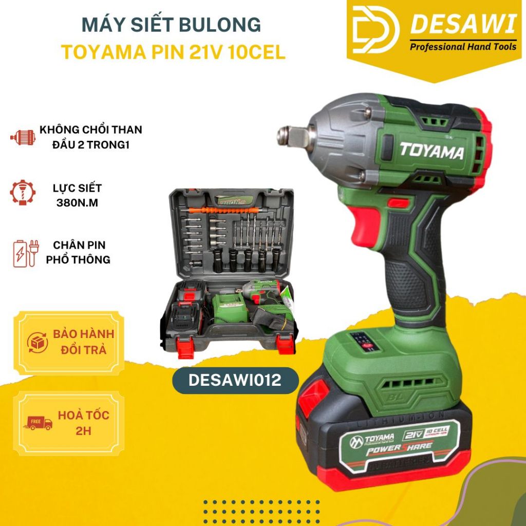 Máy Siết Bulong DESAWI TOYAMA Lực Siết 380Nm Motor Không Chổi Than Chân Phổ Thông Tặng Phụ Kiện 24 Món DESAWI012