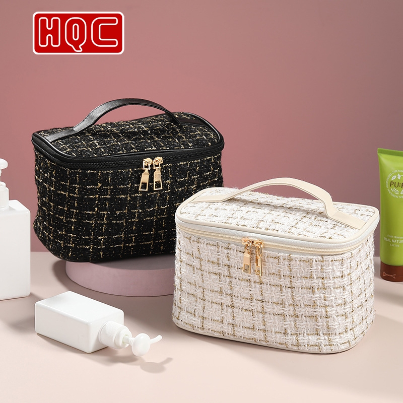 Túi đựng đồ trang điểm, túi đựng mỹ phẩm Beauty vải tweed sức chứa lớn phong cách Hepburn dành cho nữ HQC086