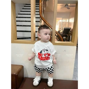 -Hàng loại 1 Set quần áo cotton cún + quần caro đen trăng form Hàn đi chơi đi học HH02