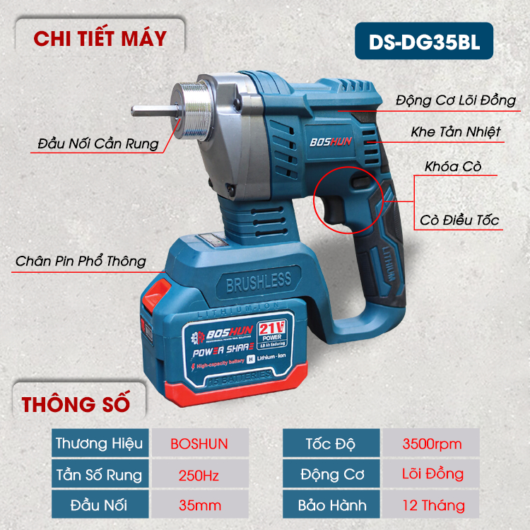 Máy Đầm Dùi Bê Tông Pin Bossun BS-MDD35BL-Chuyên Đầm Dùi, Nén Bê Tông, Bảo Hành Chính Hãng