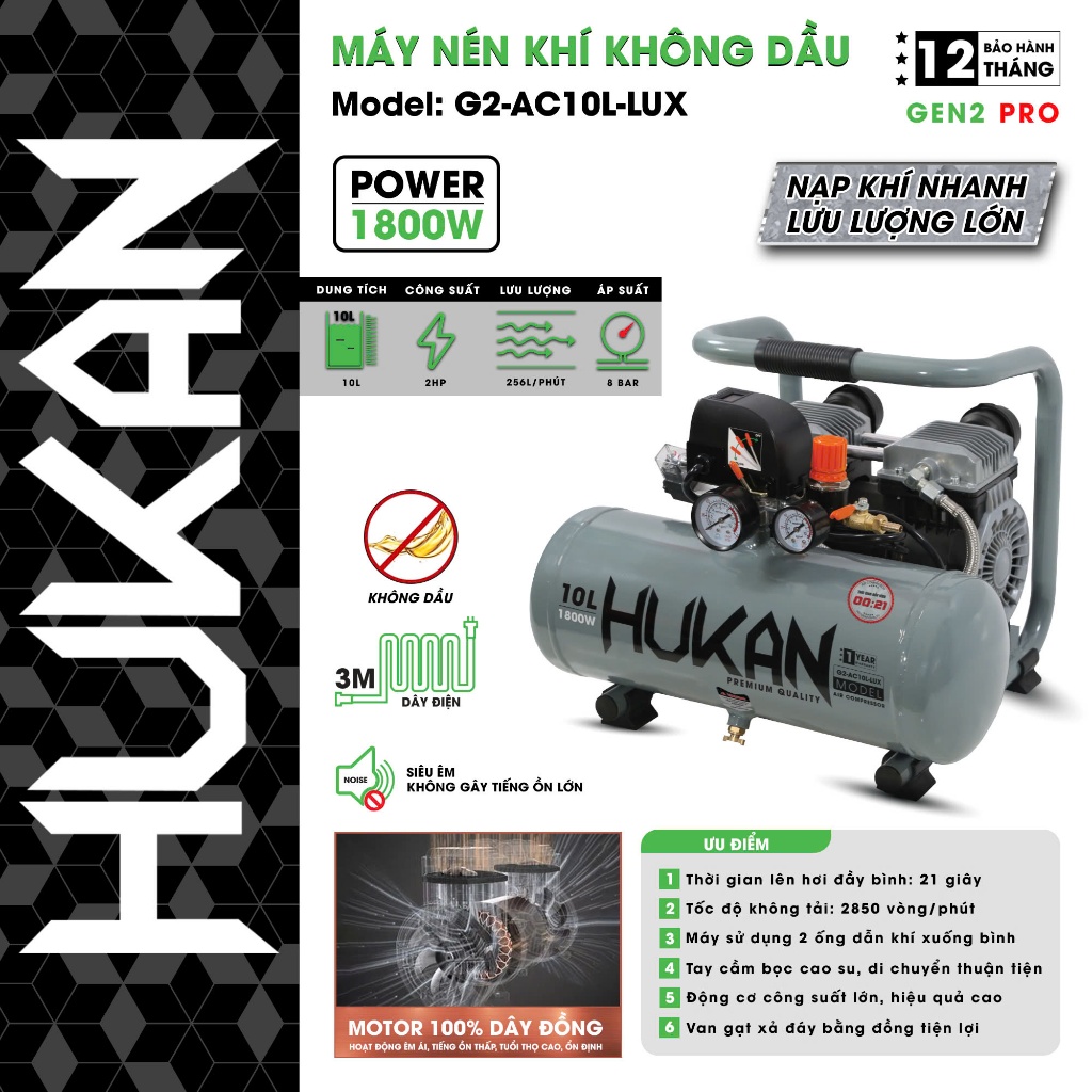 Máy Nén Khí Không Dầu HUKAN(GEN2 PRO)10L Nạp khí nhanh 21s,Động Cơ Đồng 100% Dùng Phun Sơn, Thổi Bụi, Thổi Nước, Bơm Hơi