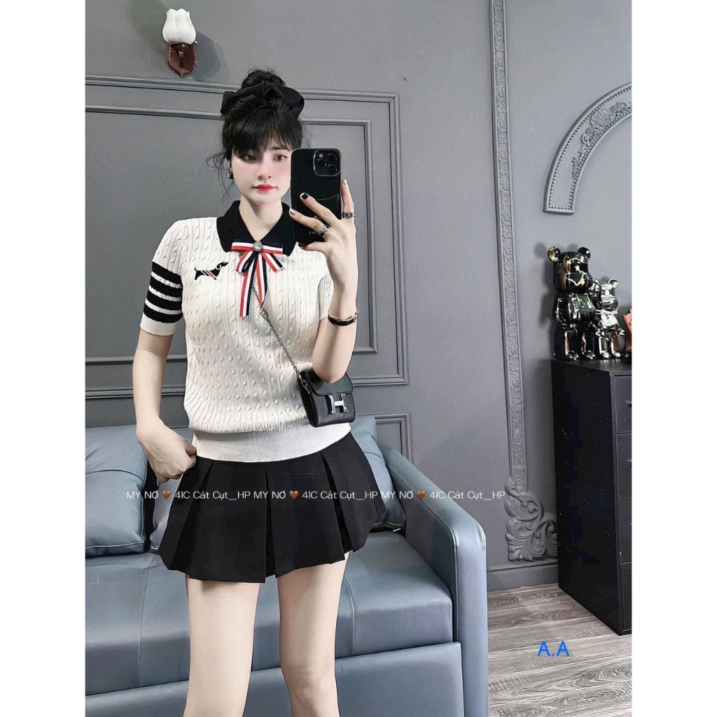 Len Cổ Đức Tay Viền Kẻ , Cổ Găn Nơ Xinh Chất Len Mongtaghi