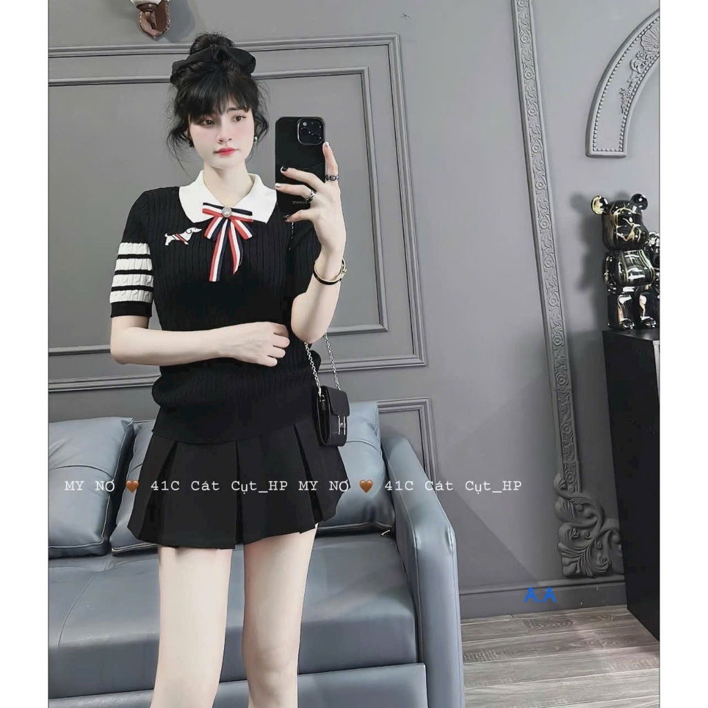Len Cổ Đức Tay Viền Kẻ , Cổ Găn Nơ Xinh Chất Len Mongtaghi