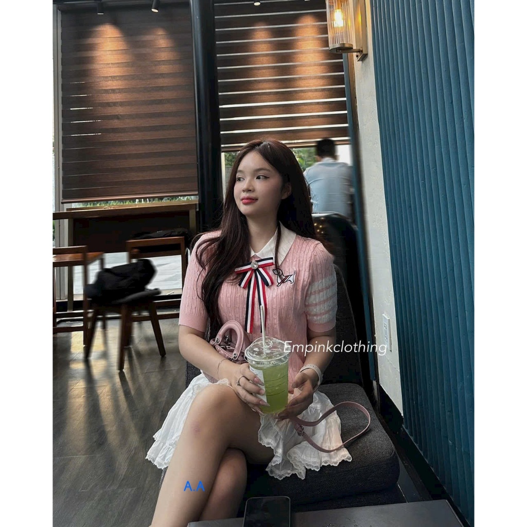 Len Cổ Đức Tay Viền Kẻ , Cổ Găn Nơ Xinh Chất Len Mongtaghi