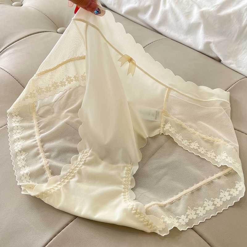 Quần lót su, Quần lót lụa băng viền sóng đính nơ cao cấp 07