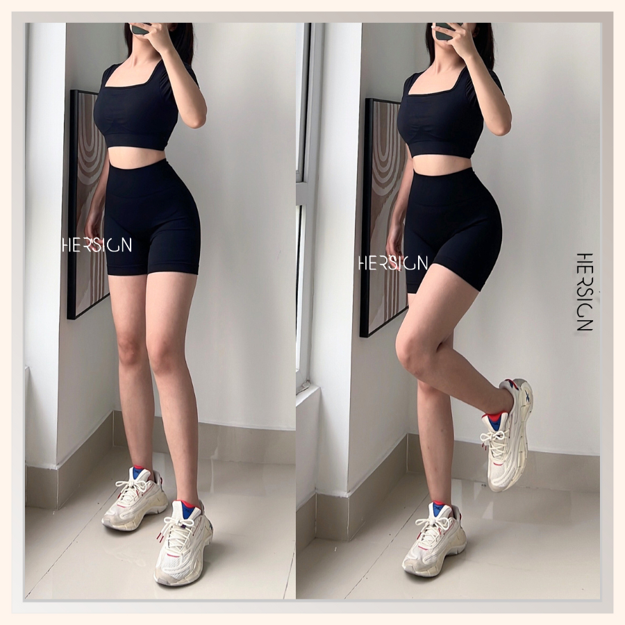 Bộ đồ tập gym nữ đùi Set đồ thể thao nữ áo croptop quần đùi  HERSIGN-SET156 BST HERSIGN BARE FORM