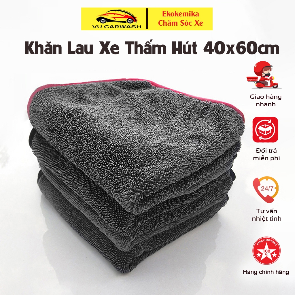 Khăn Lau Xe Sợi Microfiber Hấp Thụ Nước, Lau Khô Xe Vải Làm Sạch Đánh Bóng Khăn Tẩy Lông 40x60cm(Màu xám viền Đỏ)