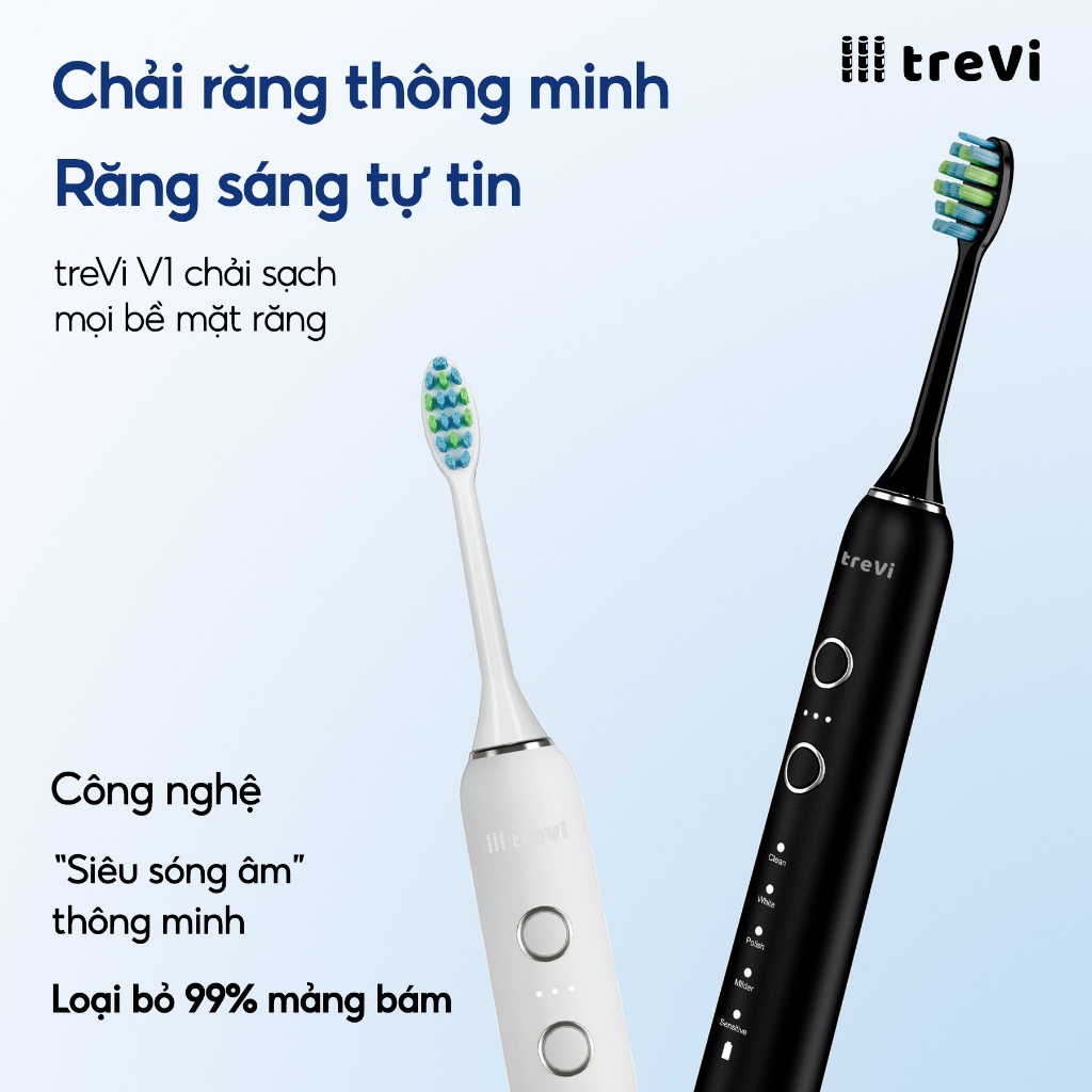 Combo 2 Bàn Chải Điện treVi Công Nghệ Sóng Âm Sonic 5 Chế Độ Chải Thông Minh Dành cho Cặp Đôi Phù Hợp Mọi Loại Răng