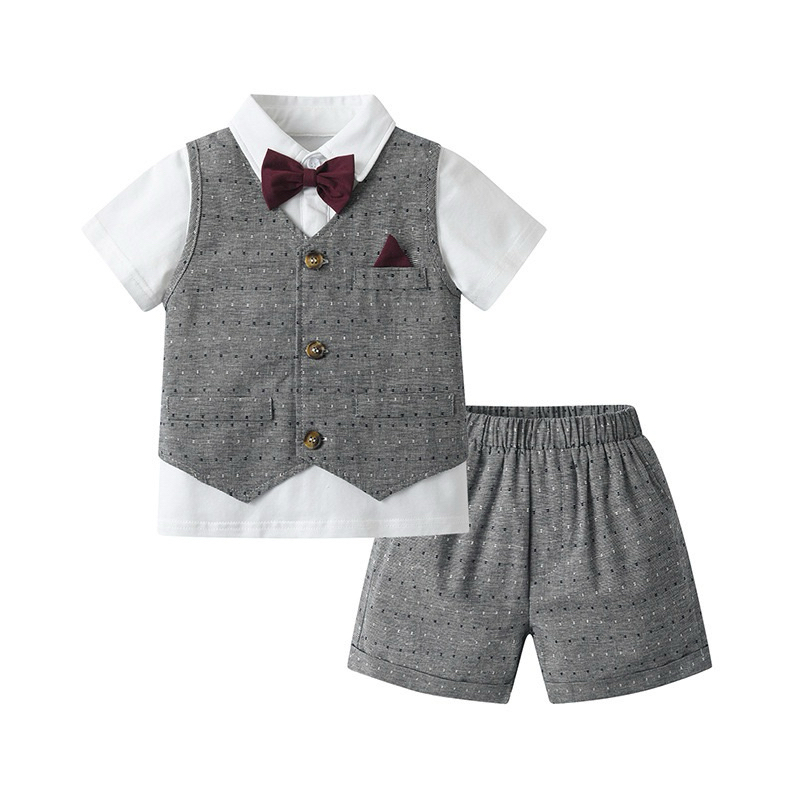 (Order) Bộ comple gile cổ nơ hoạ tiết chấm sang trọng dành cho bé trai