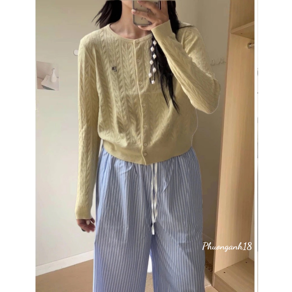 Áo len cardigan cổ tròn vặn thừng thêu chữ hàng quảng châu phong cách hàn quốc A125