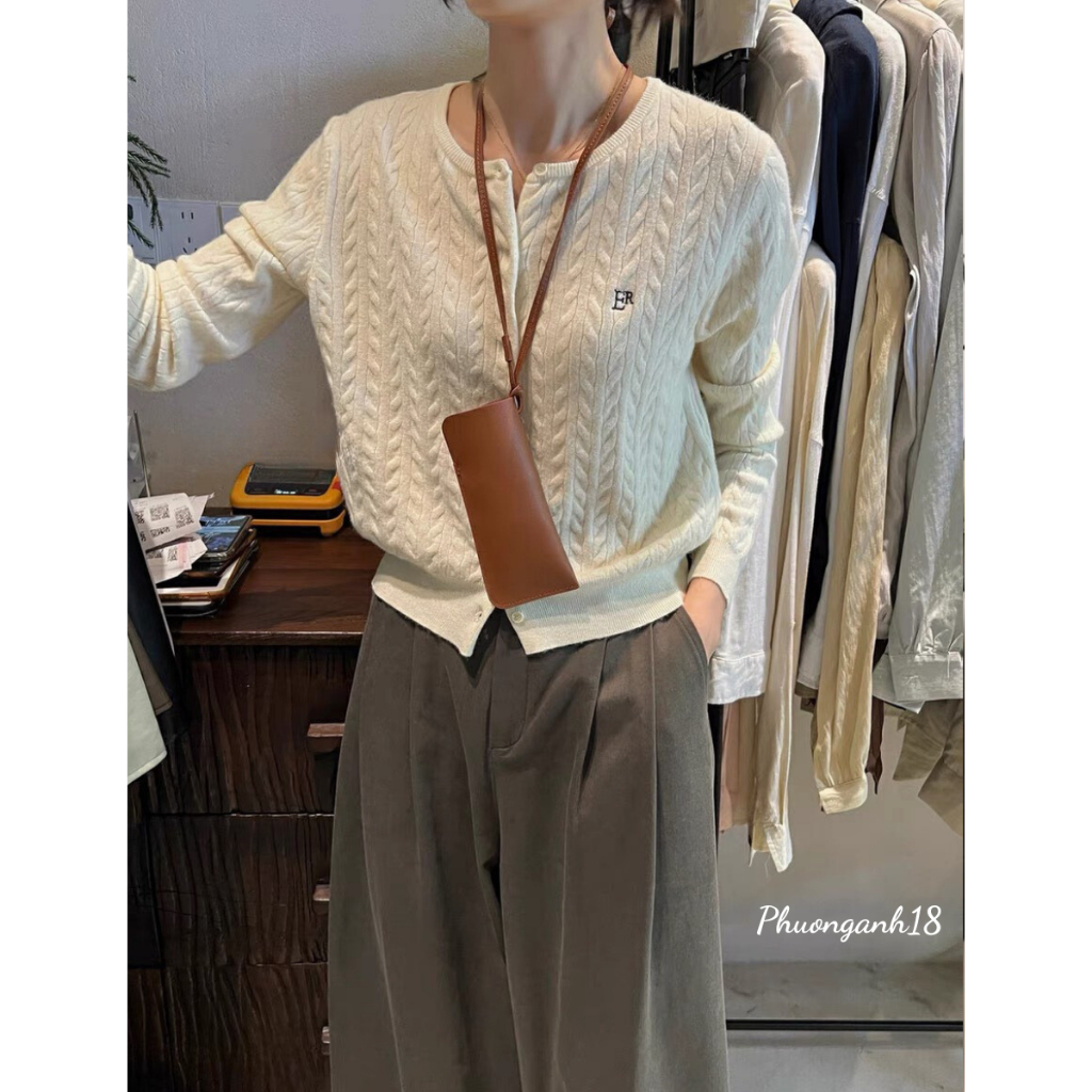 Áo len cardigan cổ tròn vặn thừng thêu chữ hàng quảng châu phong cách hàn quốc A125
