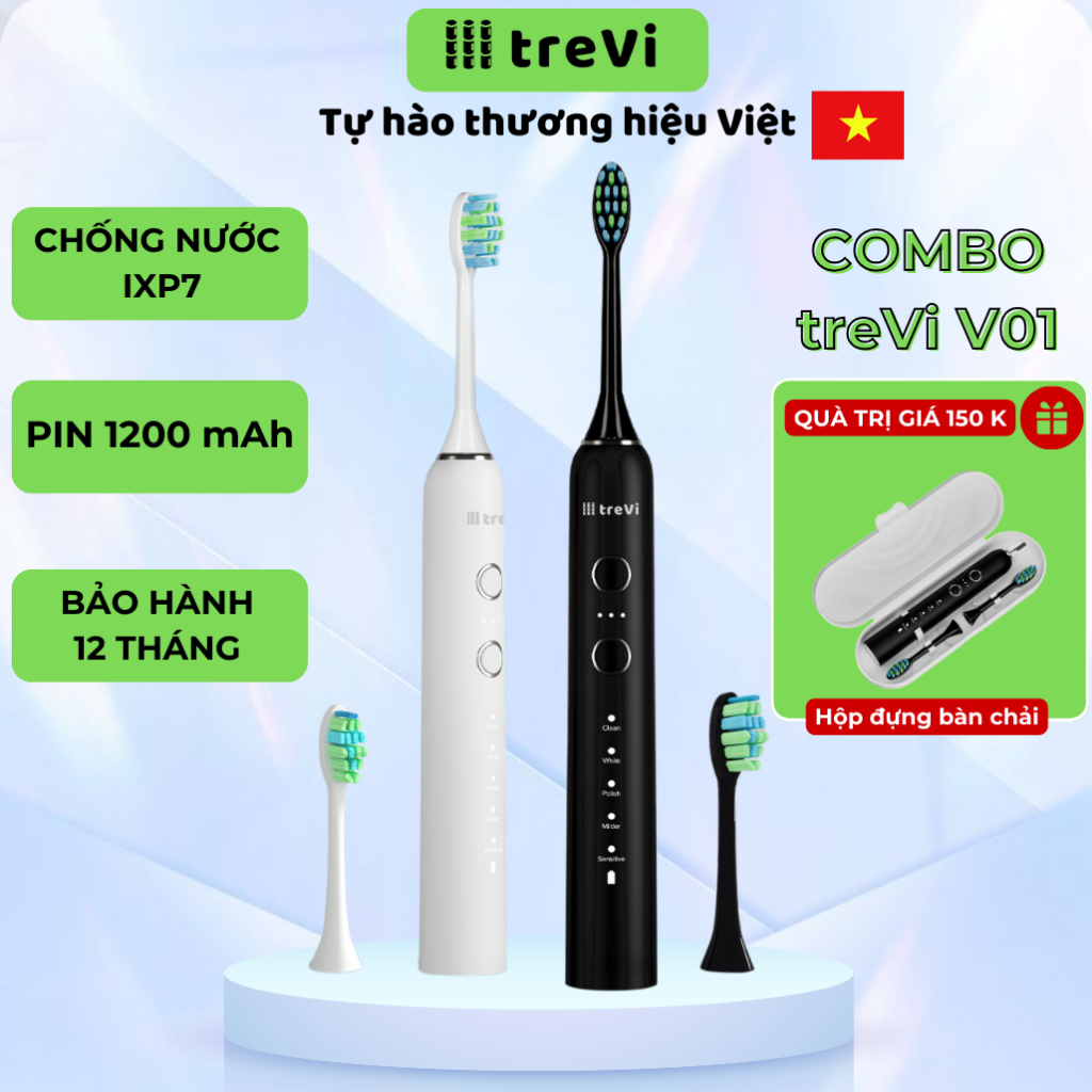 Combo 2 Bàn Chải Điện treVi Công Nghệ Sóng Âm Sonic 5 Chế Độ Chải Thông Minh Dành cho Cặp Đôi Phù Hợp Mọi Loại Răng