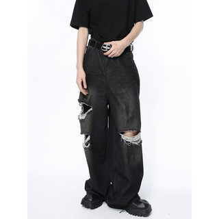 Quần Jeasn Nam Nữ Màu Đen Ống To Phối Rách - Thời Trang Unisex Chất Vải Dày Dặn