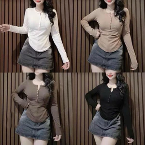 Áo Thun Nữ Tay Dài Chất Thun Tăm Co Giãn Phối Túi Trước, Áo Dài Tay Ôm Body Vạt Bầu Cài Cúc Thời Trang Thu Đôn