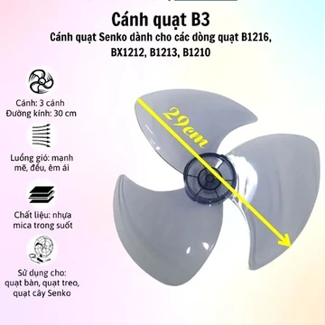 Cánh quạt senko B3 lỗ tròn đường kính cánh 29cm - Cánh quạt bàn senko bé sải cánh 29cm