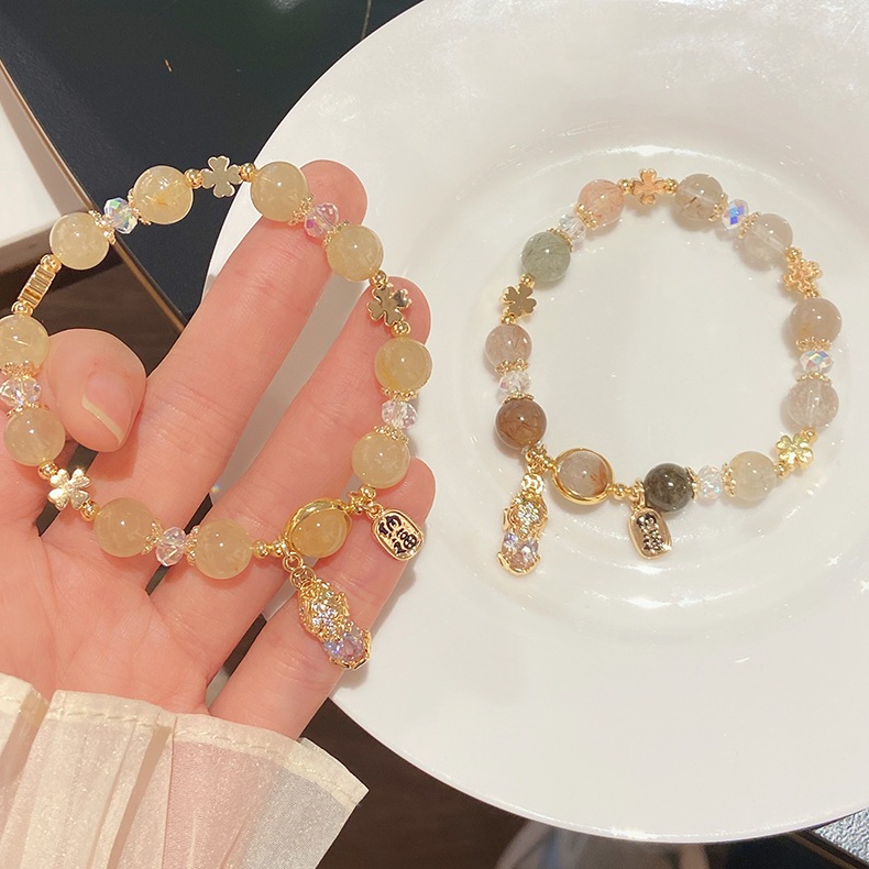 Vòng tay chuỗi, lắc tay đá pha lê tóc mix charm Tỳ Hưu may mắn