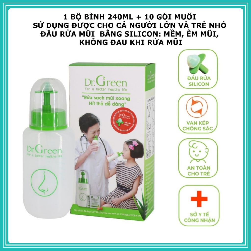 Bình rửa mũi Dr Green đầu rửa silicon và 10 gói muối
