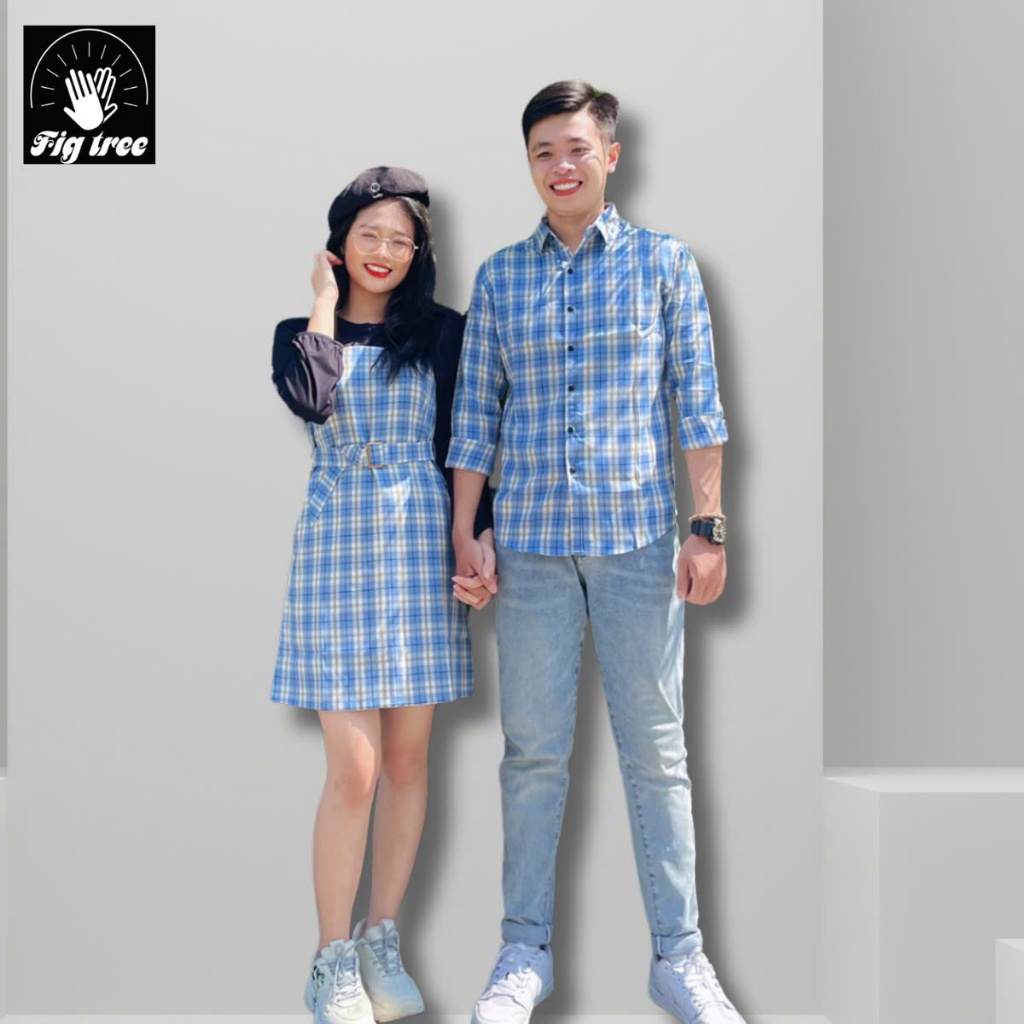 Set Sơ Mi Yếm Đôi Fig Tree Caro Xanh Nữ Kèm Áo Thun (Ms 165)