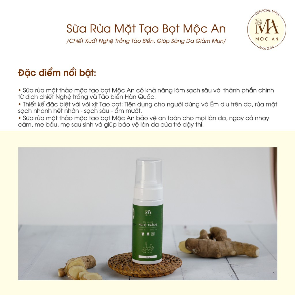 Ảnh Sữa Rửa Mặt Tạo Bọt Mộc An Chiết Xuất Nghệ Trắng Tảo Biển, Giúp Sáng Da Giảm Mụn 150g 2