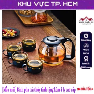 Bộ bình pha trà thủy tinh có lưới lọc, kèm 4 ly cốc có quai sang trọng, cao cấp - tiện dụng, siêu bền