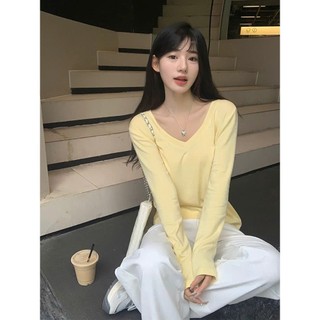 Áo thun nữ dài tay cổ tim thu đông 2025 JULY fashion, Áo thun tay dài cổ V Premium dáng ôm vừa chất thun tăm cao cấp