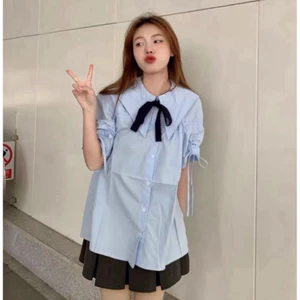 Áo babydoll nữ form rộng ngắn tay nơ , Áo sơ mi đi học đi làm thời trang hàn quốc