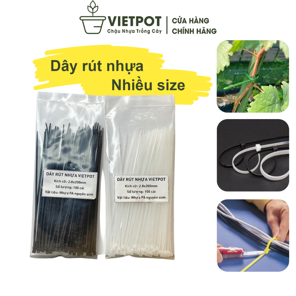 Dây rút nhựa VIETPOT, 100 sợi, màu trắng, màu đen, cố định cây, buộc ...