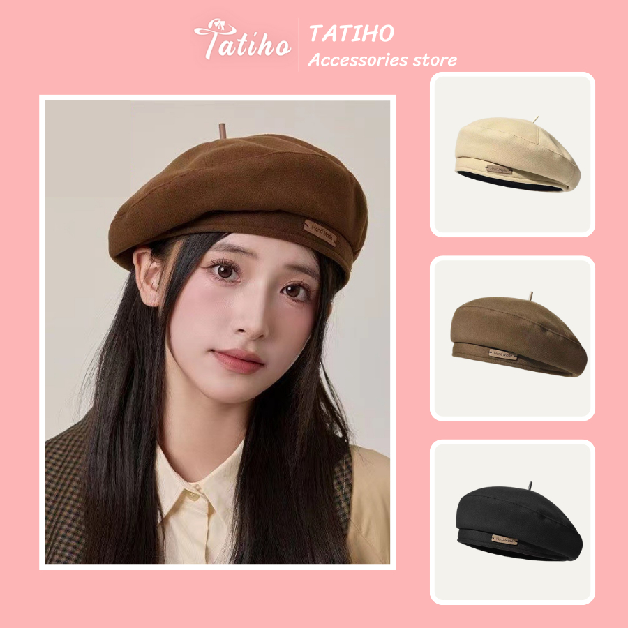 Mũ nồi họa sĩ unisex, Nón beret chất cotton dày dặn họa tiết trơn phối logo HANDMADE basic thời trang Hàn - Mã MN015