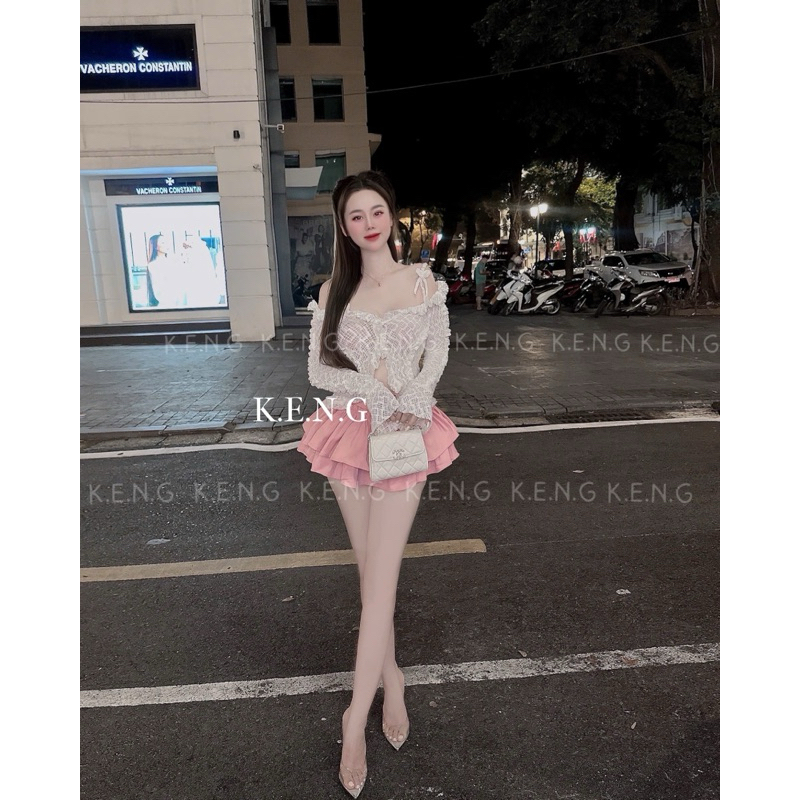 Set áo ren bánh bèo tiểu thư chân váy tầng có lót quần
