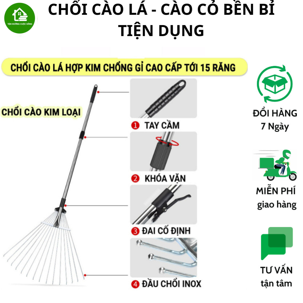 Chổi Quét Lá,Cây Cào Cỏ Bằng Hợp Kim Chống Gỉ Cao Cấp 15 Răng Tay Cầm ...