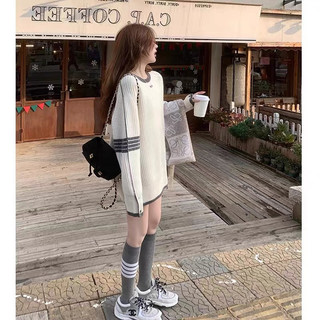 Áo len nữ thu đông dài tay dáng dài chùm mông tay sọc tay, len gạo dày dặn 602