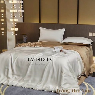 (Best Seller]Trọn Bộ Chăn  [Best Ga Gối Lụa Lavish Silk Cao Cấp Mát Lạnh Hàng Loại 1-Trắng Phối Nâu