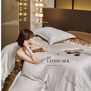 (Best Seller]Trọn Bộ Chăn  [Best Ga Gối Lụa Lavish Silk Cao Cấp Mát Lạnh Hàng Loại 1-Trắng Phối Nâu