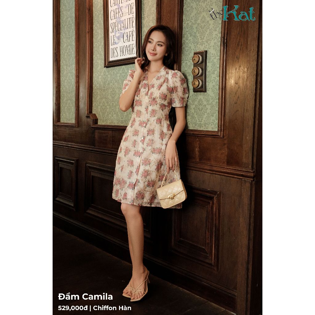 Đầm Hoa Camila The Kat House, vải voan ép, ôm vừa vặn, tôn dáng, xinh xắn dễ thương
