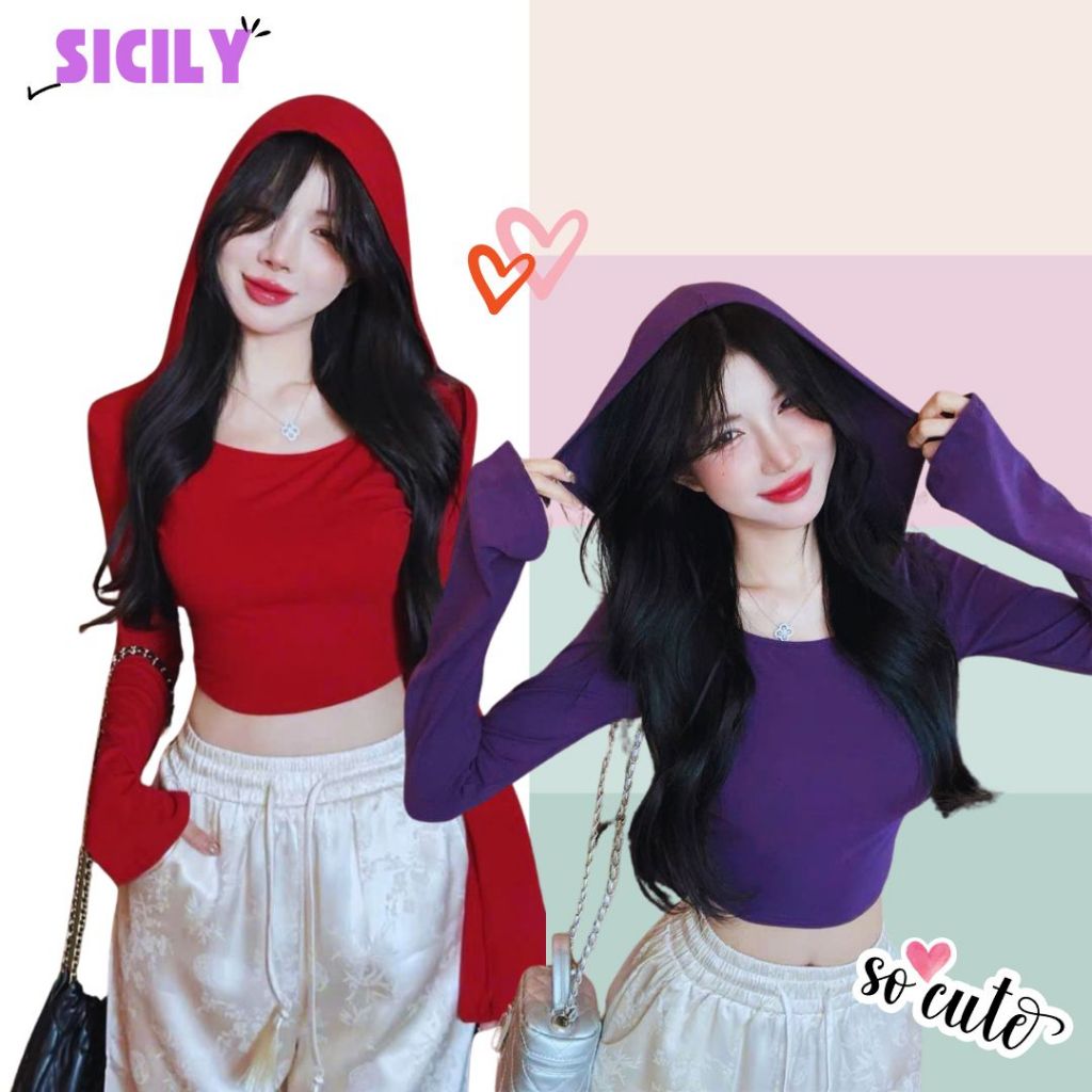 Áo thun nữ dài tay ôm body Sicily áo có mũ tay ống loe ATM901