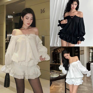Váy Trễ Vai Tay Dài Đan Dây Kèm Quần Đùi Rời 2 Màu Form Bồng Xoè