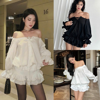 [S2.964] Váy Trễ Vai Tay Dài Đan Dây Kèm Quần Đùi Rời 2 Màu Form Bồng Xoè