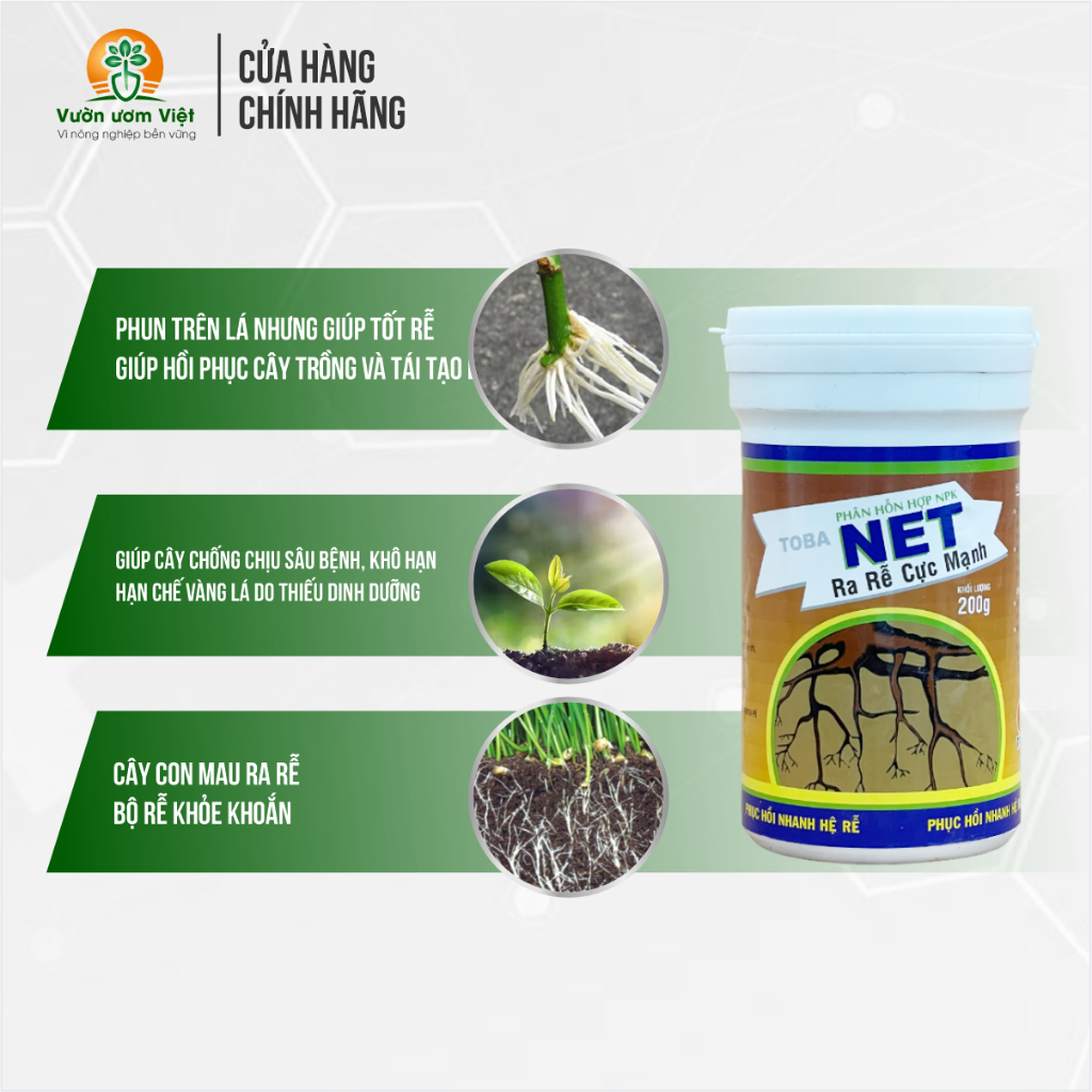 Phân bón lá NET TOBA - chuyên kích rễ, phục hồi bộ rễ, tăng cường sinh lực rễ, hạn chế tuyến trùng.