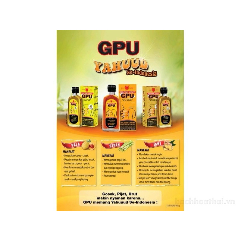 Dầu xoa bóp từ gừng, xả GPU Liniment Oil 60ml Indonesia- Giảm đau cơ