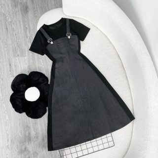 Đầm Bigsize Nữ Tay Ngắn Dáng Yếm Năng Động Vải Jean Giấy Phối Thun Ruby Cho Nàng Chubby