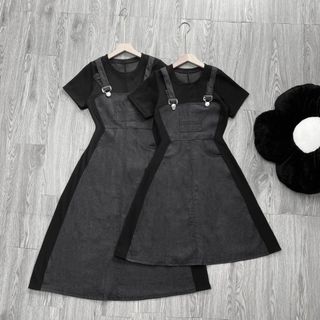 Đầm Bigsize Nữ Tay Ngắn Cổ Tròn Dáng Yếm Năng Động Vải Jean Giấy Phối Thun Ruby Cho Chubby