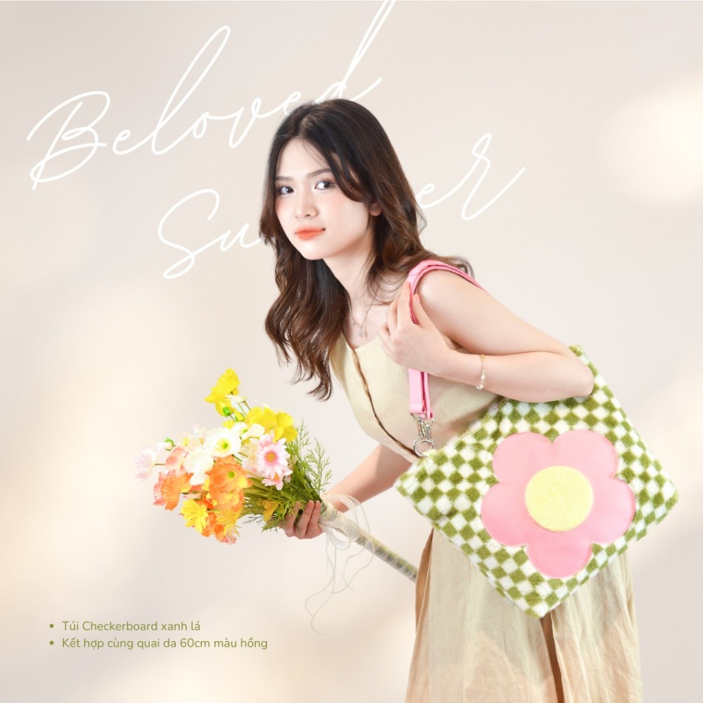 Checkerboard bag BLOOM - Túi tote vải lông phối da hoạ tiết bông hoa