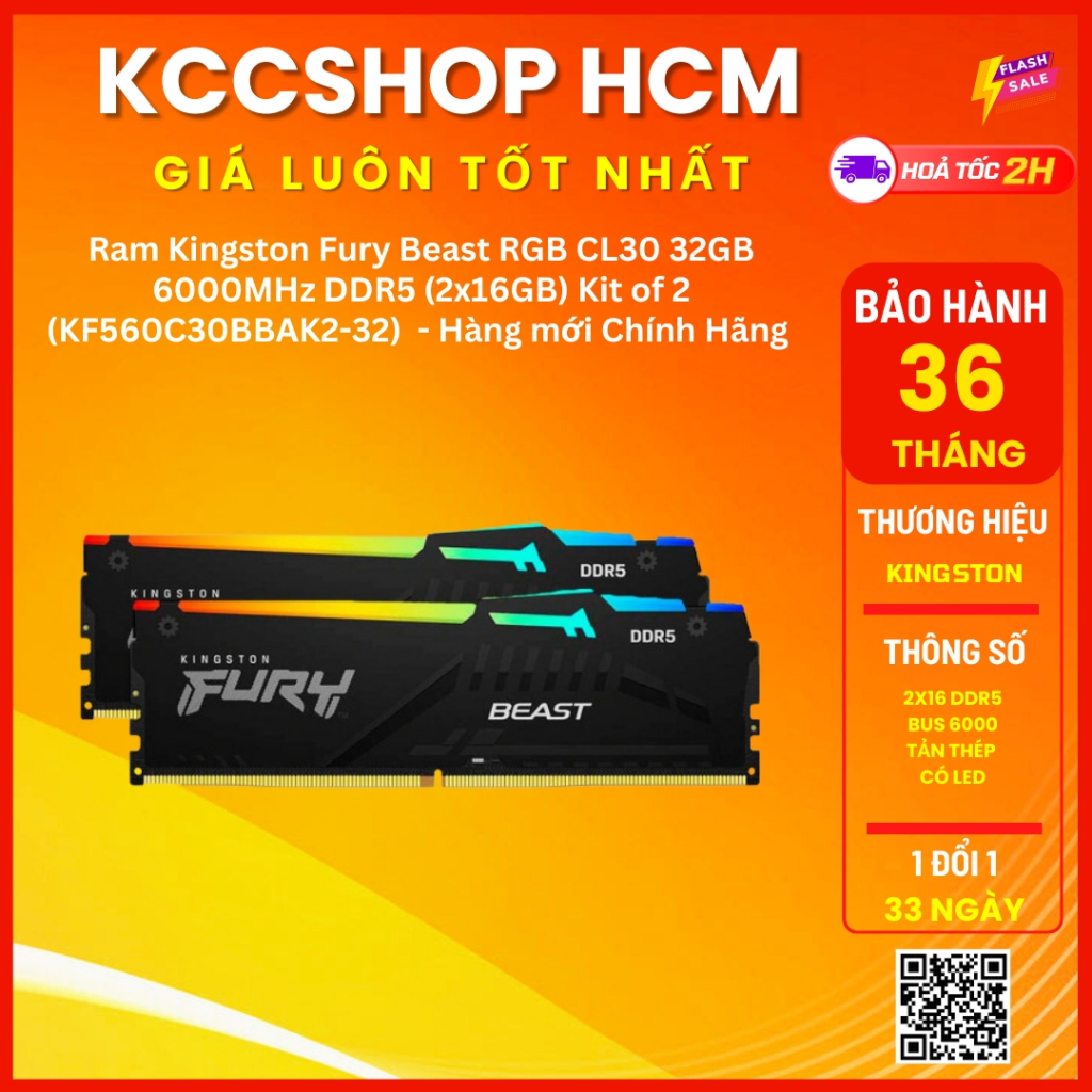 Ram Kingston Fury Beast RGB CL30 32GB 6000MHz DDR5 (2x16GB) Kit of 2 (KF560C30BBAK232) Chính