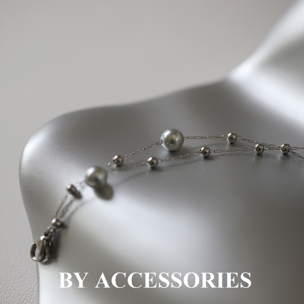 Lắc tay nữ titan xích kép phối bi nhỏ và ngọc trai nhân tạo màu xám không gỉ WB2416 BY ACCESSORIES