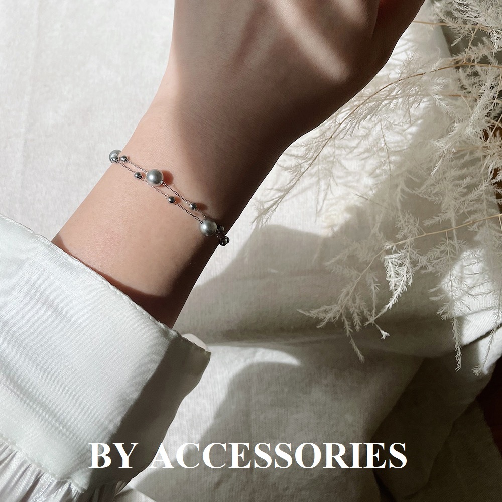 Lắc tay nữ titan xích kép phối bi nhỏ và ngọc trai nhân tạo màu xám không gỉ WB2416 BY ACCESSORIES