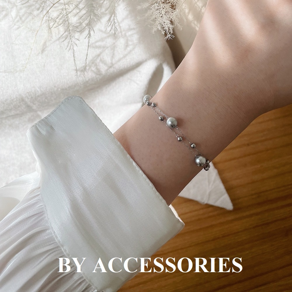 Lắc tay nữ titan xích kép phối bi nhỏ và ngọc trai nhân tạo màu xám không gỉ WB2416 BY ACCESSORIES