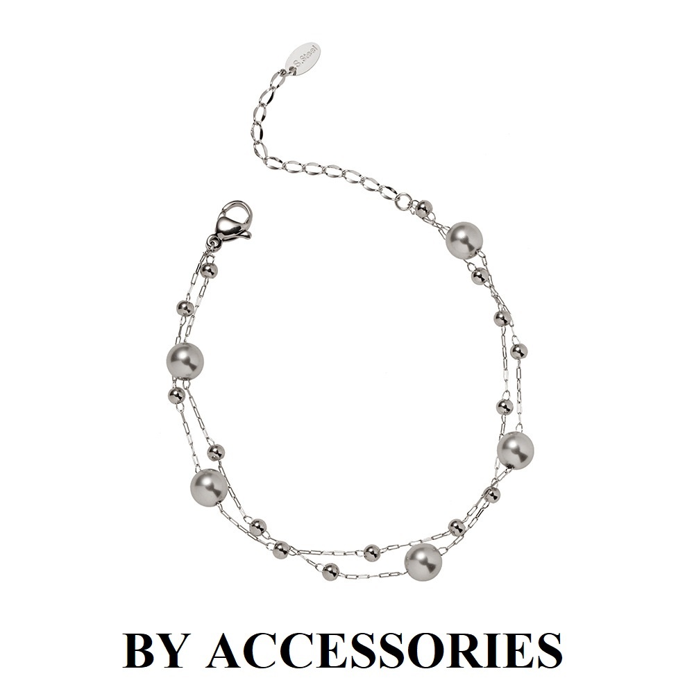 Lắc tay nữ titan xích kép phối bi nhỏ và ngọc trai nhân tạo màu xám không gỉ WB2416 BY ACCESSORIES